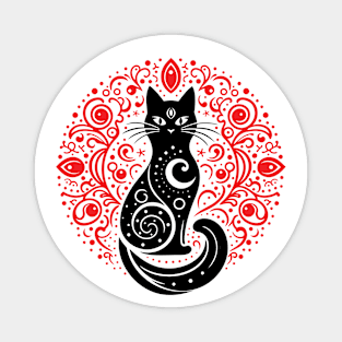 The Mystery Feline Mandala. Black & Red Magnet